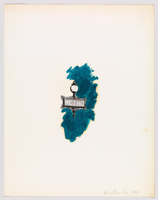 A small ornate metro sign with lamp sits on a teal paint stroke against white.