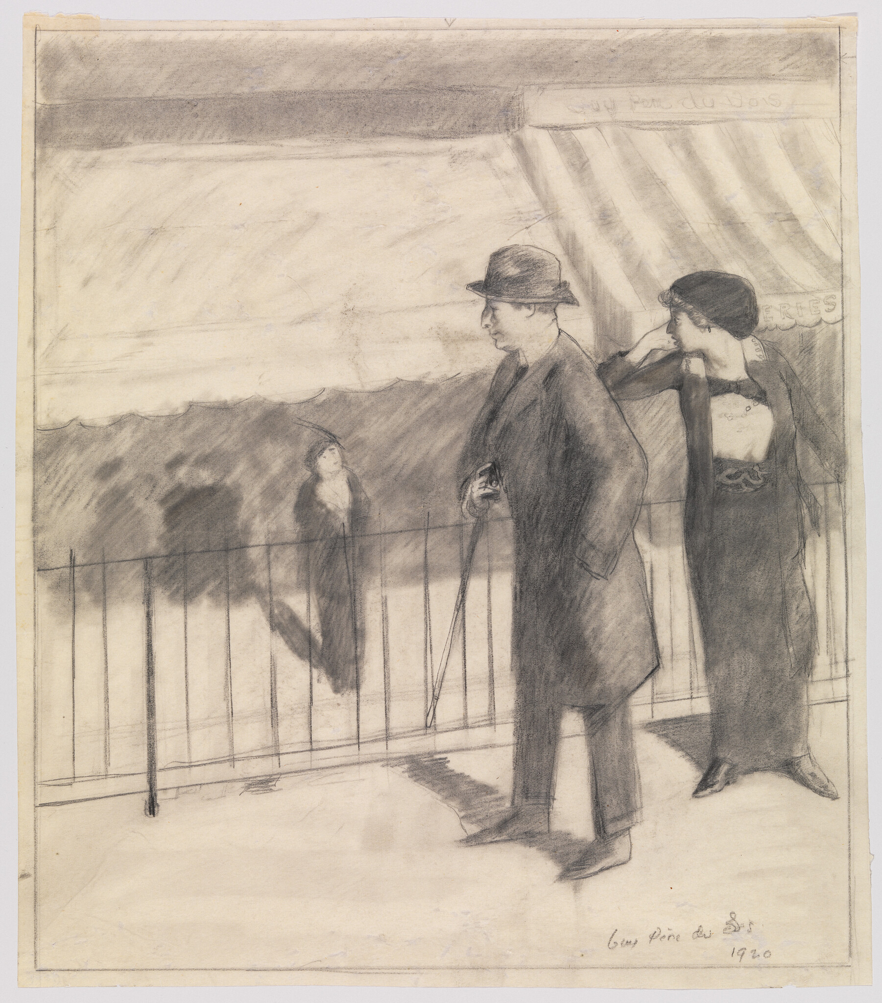 A well-dressed man with cane and a woman shade their eyes while looking over a railing.