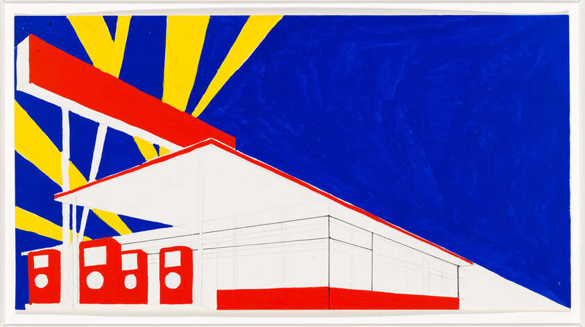 A stylized gas station canopy and pumps with bold red, yellow, and deep blue background.