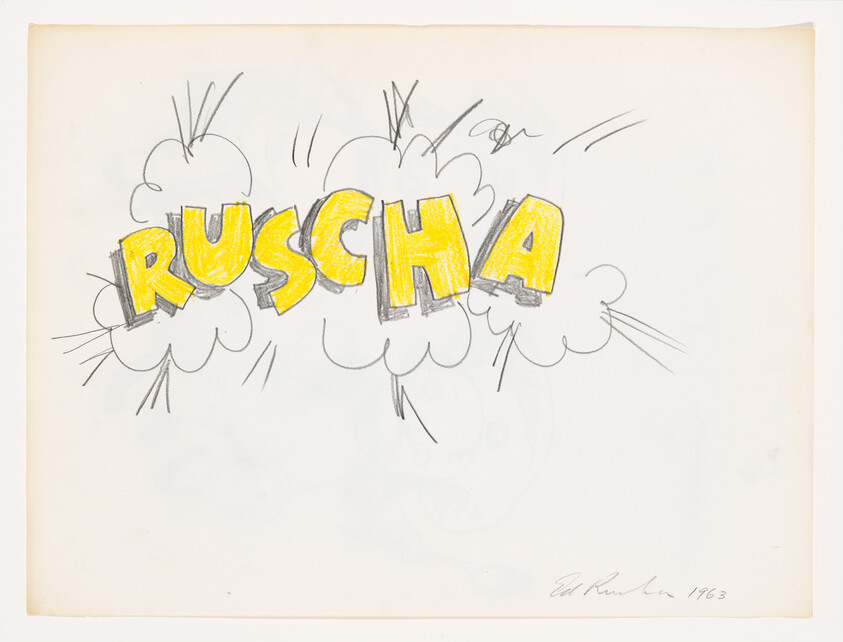 Bold yellow letters spelling "RUSCHA" burst from pencil-drawn comic-style clouds.