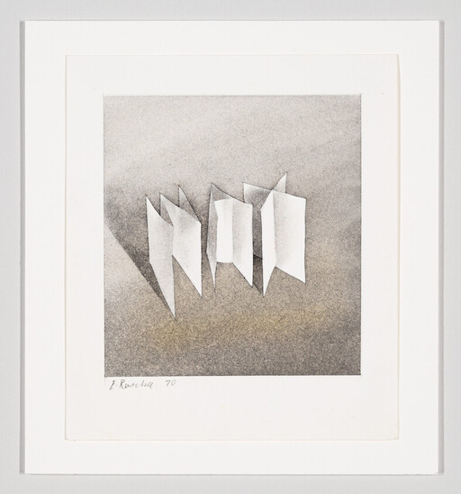 White folded paper shapes cast sharp shadows on a gray textured square inside a white frame.