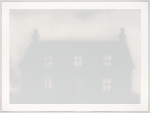A soft, blurred silhouette of a two-story house with four glowing windows against a pale background.