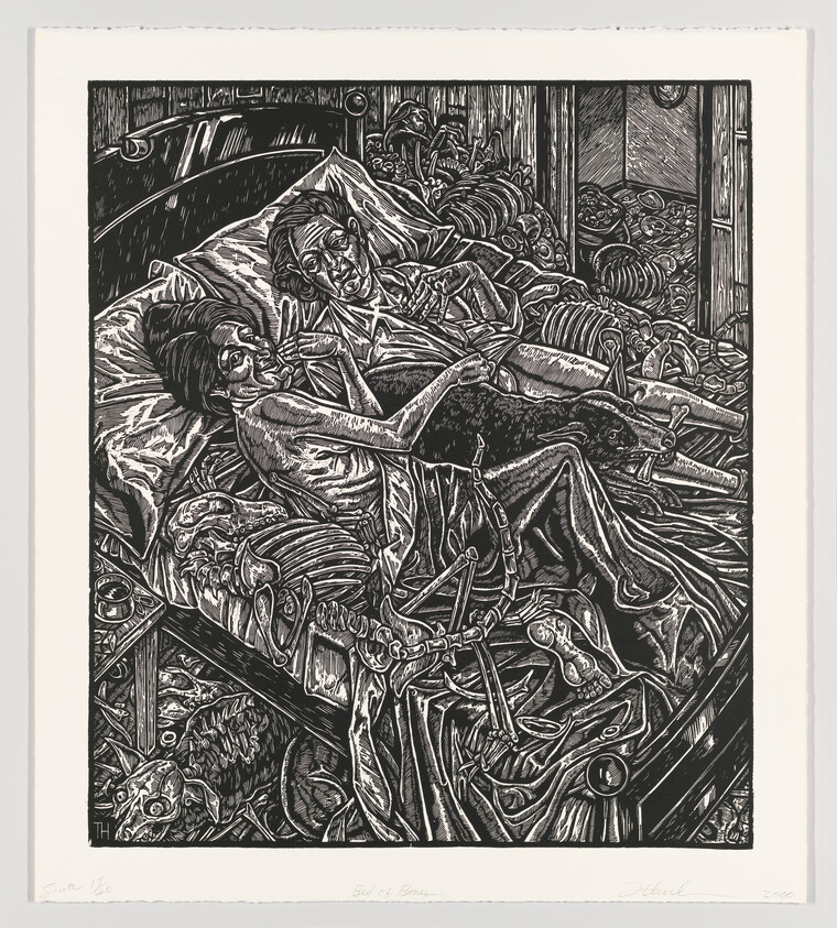 A black and white linocut print depicting two skeletal figures in a bed, surrounded by a chaotic assortment of bones and skulls. The scene is framed by a window on the right, showing a crescent moon in the sky. The artwork is rich in detail and contrast, with a strong sense of macabre and dark humor.