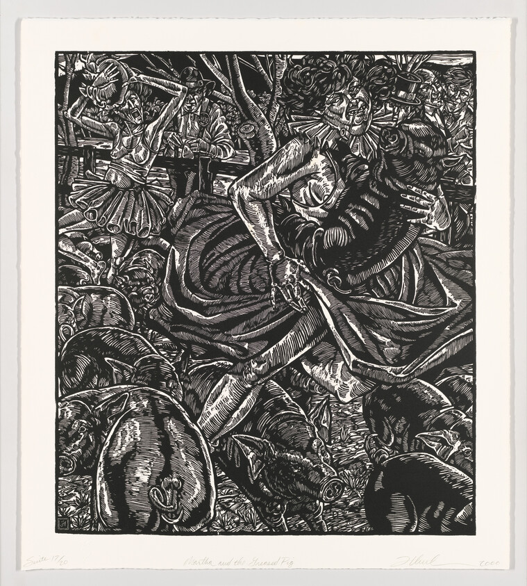 A black and white woodcut print depicting a dramatic scene with multiple figures and animals. In the foreground, a central figure appears to be in distress, with expressive facial features and dynamic body language. Surrounding this figure are various animals, including prominently featured pigs, and other human figures engaged in different activities, some of which seem to be in combat. The artwork is rich in detail and contrast, with a sense of movement and intensity conveyed through the intricate lines and patterns. The print is signed and dated by the artist in the lower right corner.