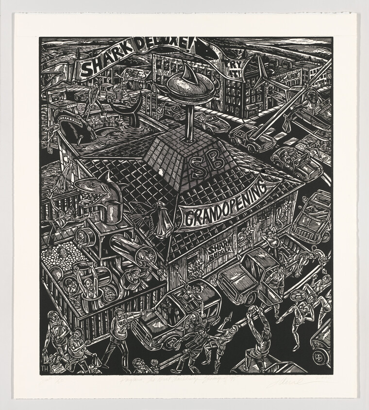 Crowded grand opening of a shark-themed restaurant with people, cars, and shark sculptures.