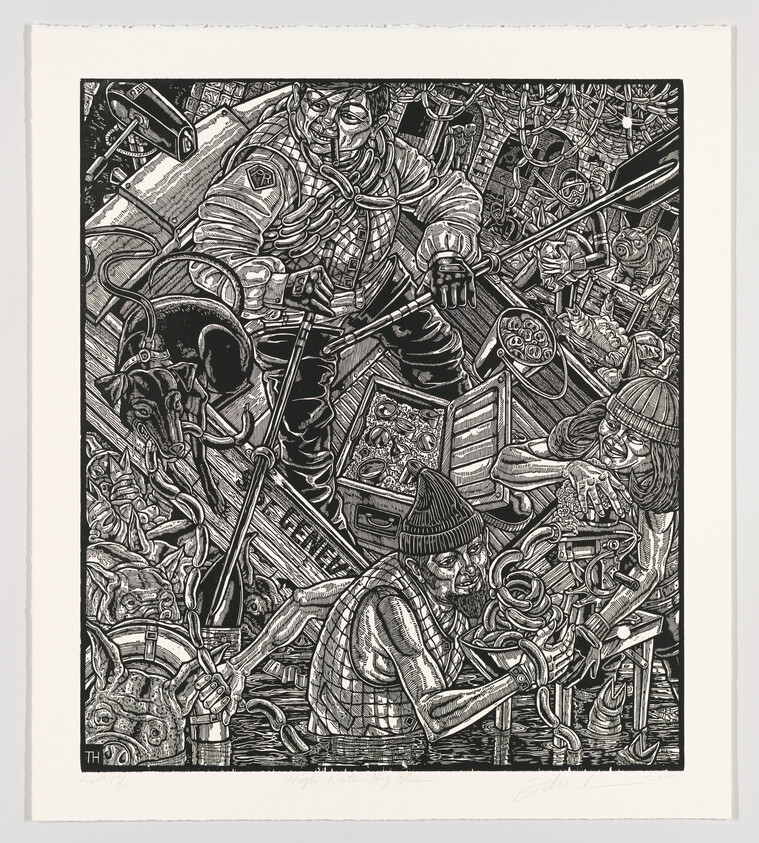 A detailed black and white illustration featuring an intricate scene of various characters and mechanical elements. The central figure appears to be a cyborg or robotic being with visible mechanical parts, surrounded by a chaotic array of gears, wires, and other technological components. Other characters, possibly futuristic or dystopian, are engaged in different activities with machinery. The artwork is dense with detail, suggesting a narrative of technology intertwined with humanity.