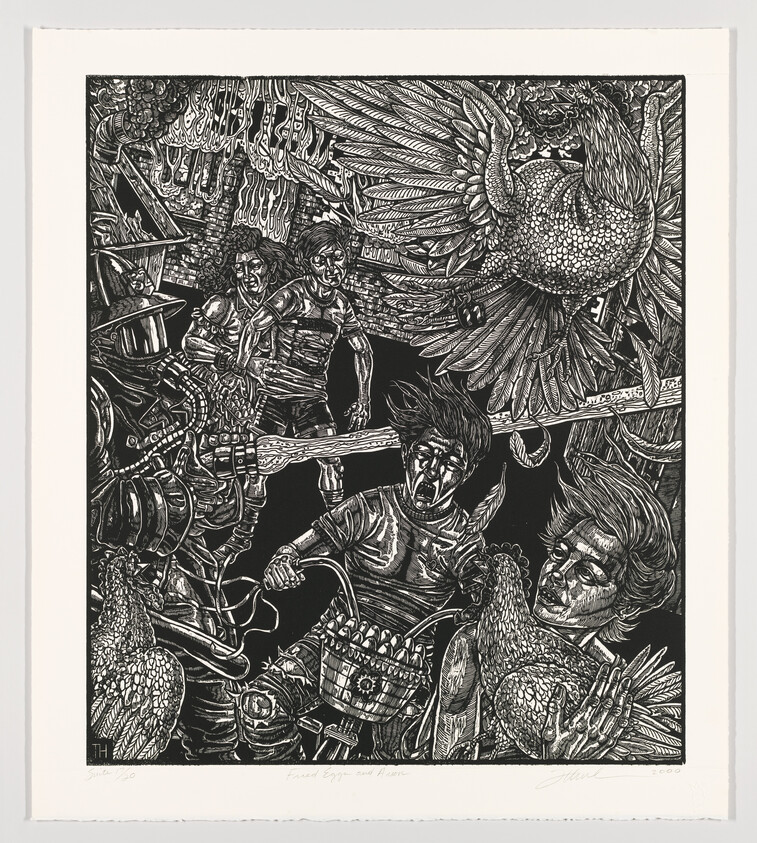 A detailed black and white linocut print featuring an intricate scene with human figures, chickens with large feathers, and various objects that appear to be hanging or floating around the characters. The artwork is rich in textures and patterns, creating a dynamic and somewhat chaotic composition. The image is signed by the artist in the bottom left corner and there's a title and date in the bottom right corner.