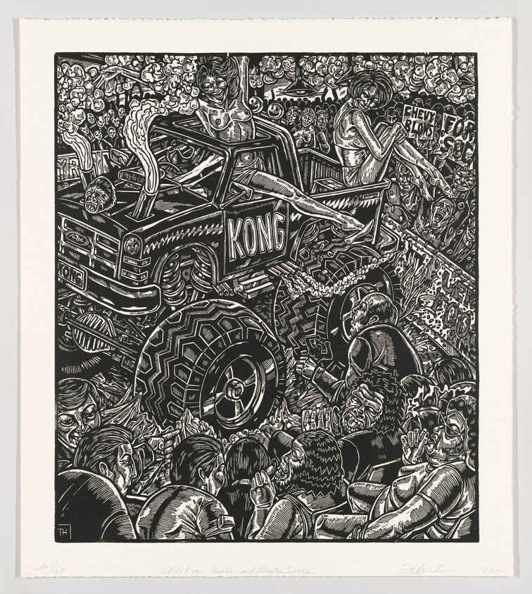 A detailed black and white linocut print featuring a chaotic scene with a large monster truck labeled "KONG" in the center, surrounded by various characters and elements that evoke a sense of wild energy and movement. The truck is adorned with oversized tires and aggressive styling, while the background and foreground are filled with a dense crowd of people and fantastical creatures, all rendered in a highly stylized, graphic manner. The artwork is signed and numbered by the artist.