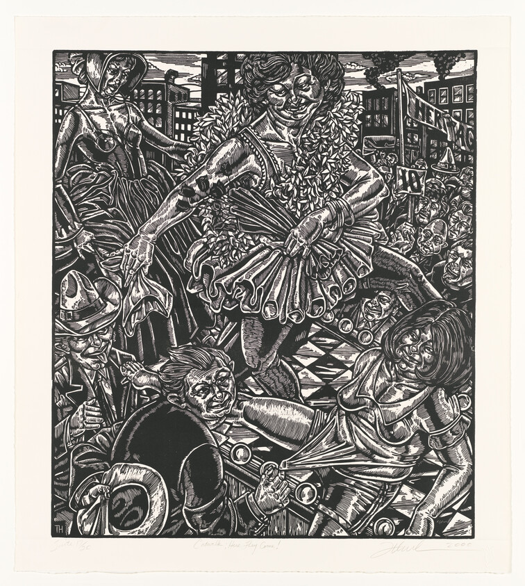 This is a black and white linocut print depicting a dynamic and crowded scene with multiple figures that appear to be in a protest or parade. A central figure is dancing or marching with a skirt flaring out, surrounded by other characters including one wearing a gas mask and another with a megaphone. Signs with slogans are visible in the background, and the overall style is expressive with strong contrasts and intricate details. The artwork is signed and dated in the bottom right corner.