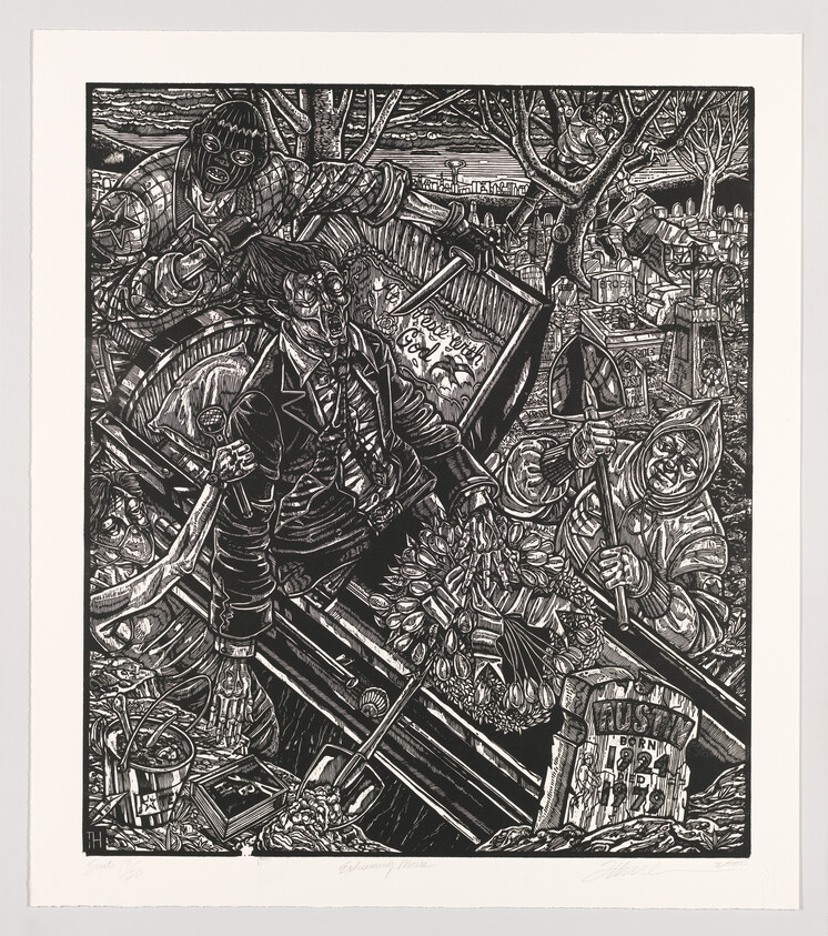 A detailed black and white woodcut print depicting a chaotic scene with multiple figures, including a prominent character in the center wearing a suit and a distorted expression. Surrounding this figure are various elements of destruction and mayhem, such as broken objects, debris, and aggressive characters, all rendered in a dense, intricate style. The artwork conveys a sense of intense action and turmoil.