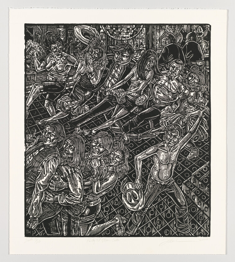 A black and white linocut print depicting a crowded and dynamic scene with exaggerated and caricatured figures in various poses and expressions. Some figures appear to be dancing or playing musical instruments, while others are engaged in conversation or merrymaking. The background is filled with intricate patterns and shapes, adding to the chaotic and lively atmosphere of the artwork. The print is signed and there is text at the bottom indicating the title or edition of the work.