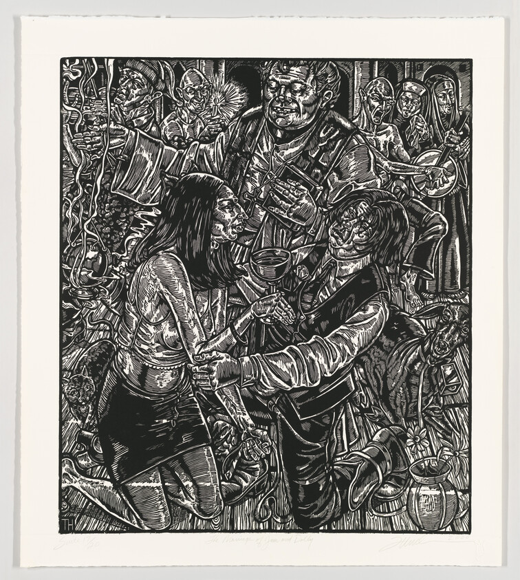 Two kneeling figures clasp hands while offering a cup, surrounded by onlookers and musicians.