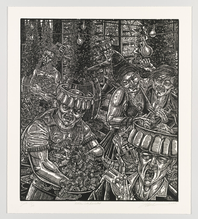 A detailed black and white print featuring a group of exaggerated, caricature-like figures engaged in various activities. The central figure appears to be a clown with a distorted face, surrounded by others who are similarly grotesque, with one holding a string of sausages and another pouring a drink. The background is cluttered with objects and decorations, creating a chaotic and dense composition. The artwork is signed and dated by the artist.