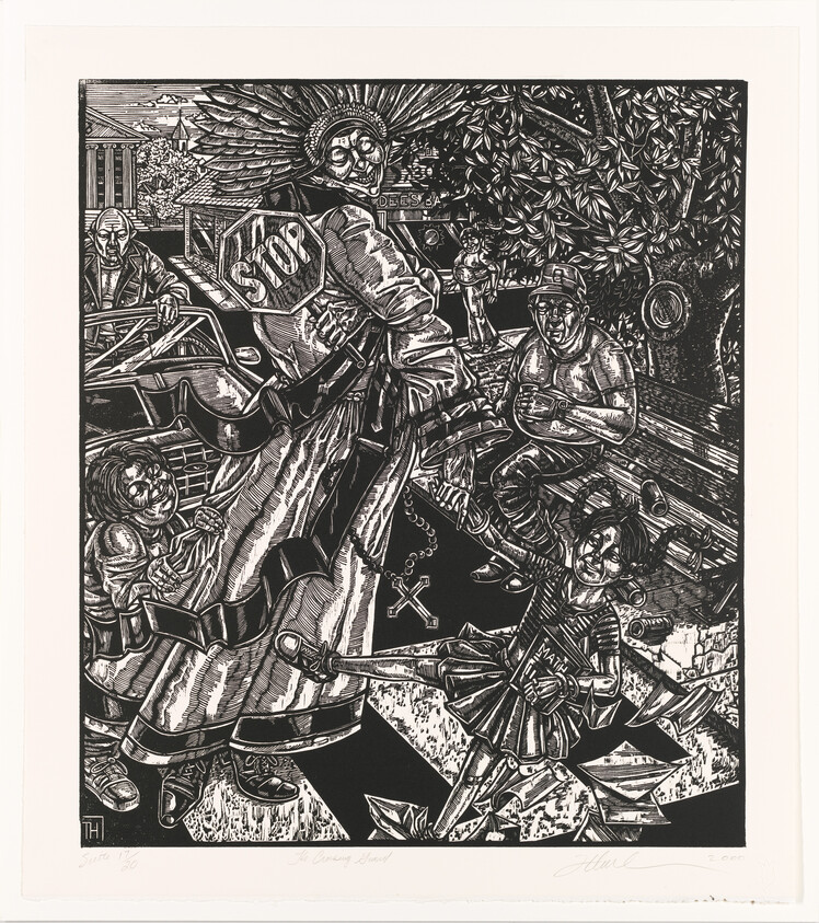 Winged figure wearing a "STOP" sign confronts children and adults in a chaotic street scene.