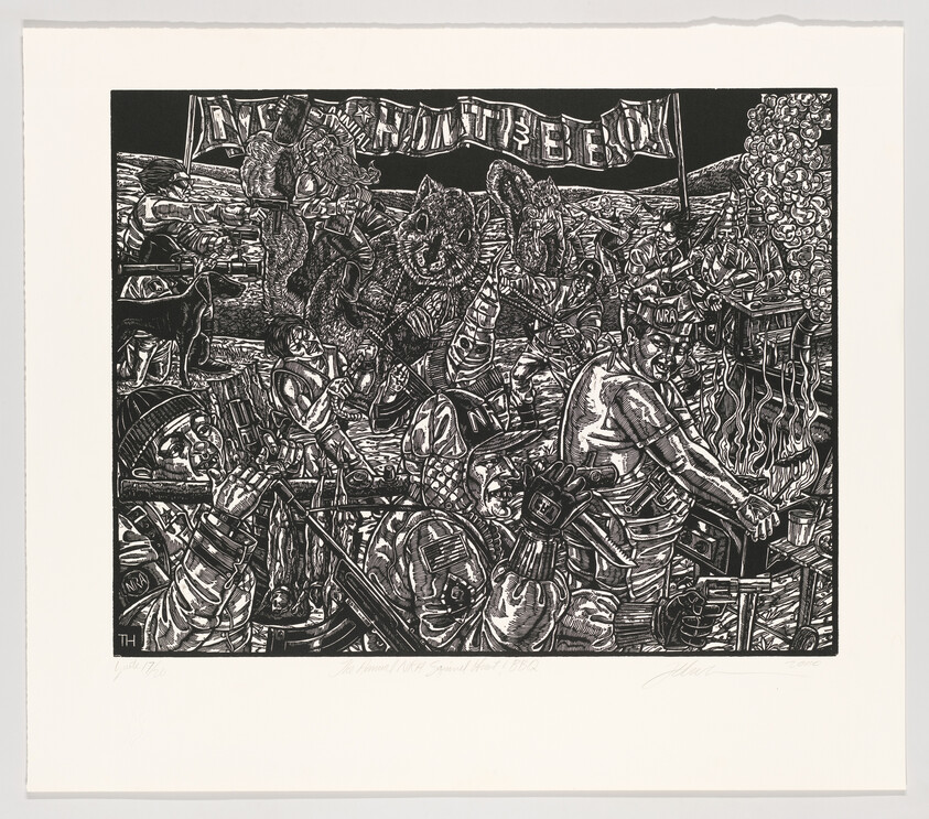 Firefighters and rescue workers fight a large, chaotic fire using hoses and tools.