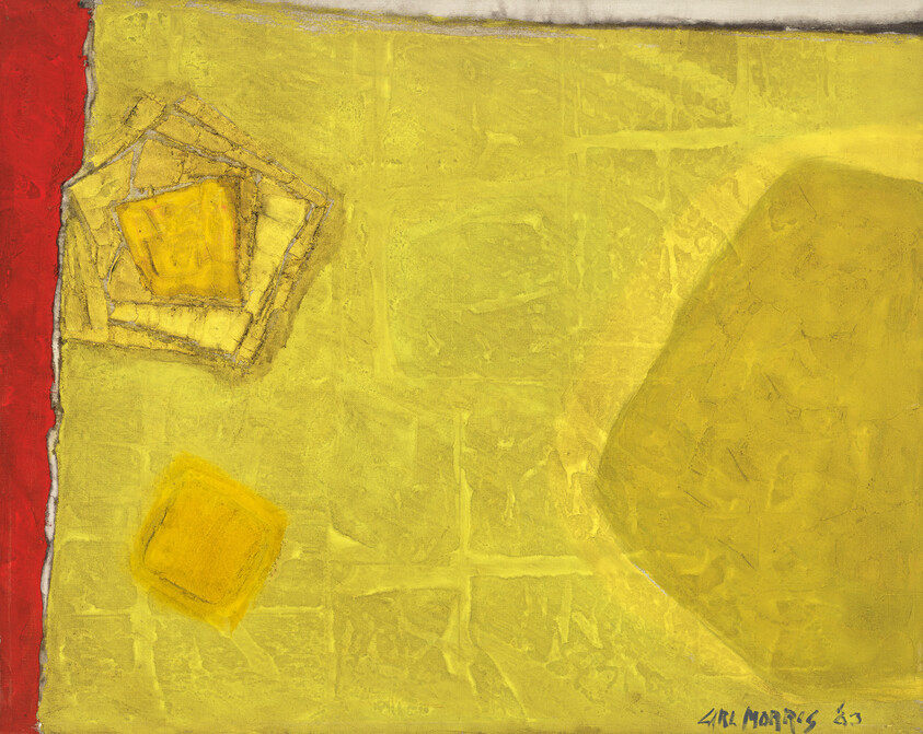 Abstract yellow painting with a red left stripe and irregular geometric yellow shapes across the canvas.