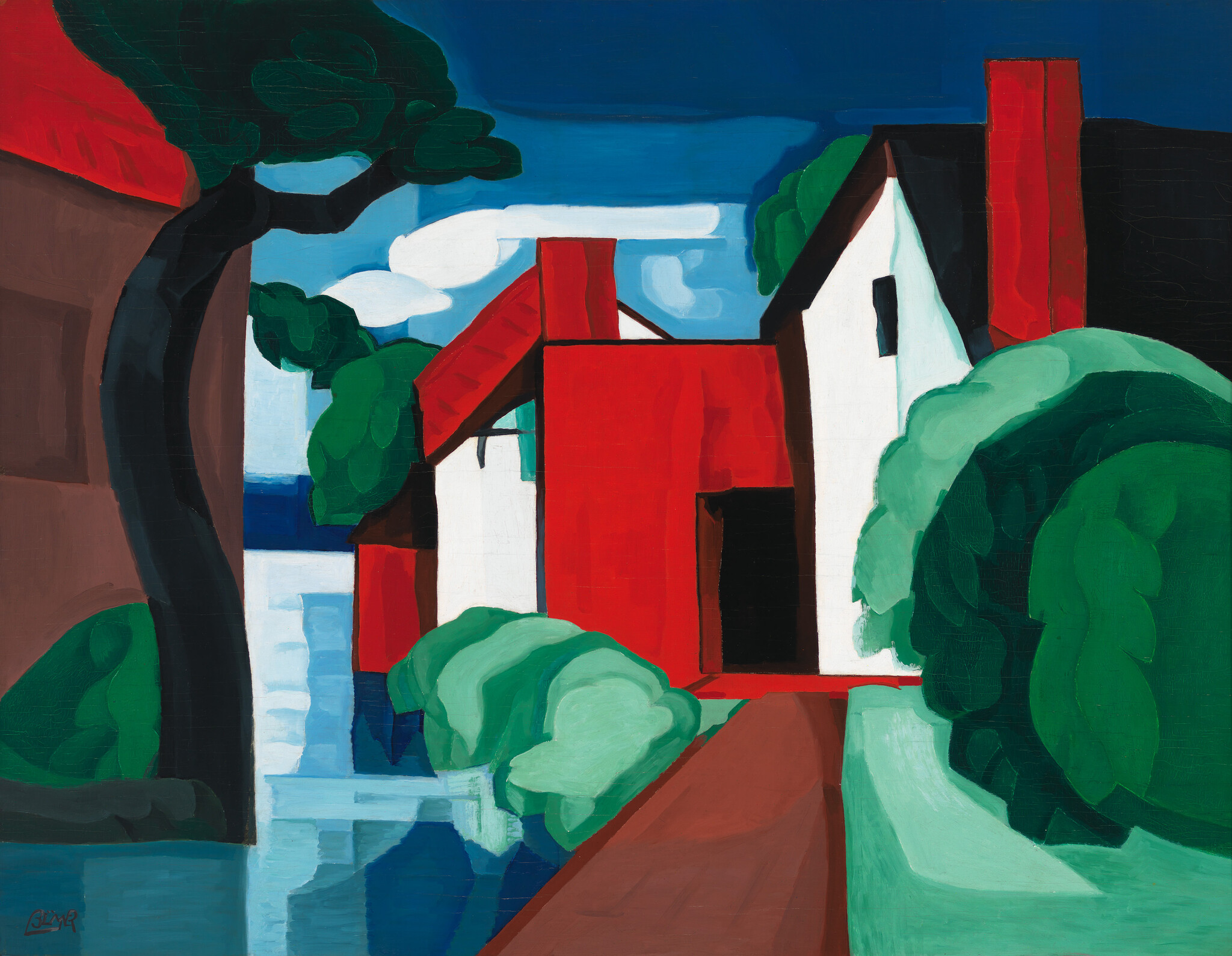 Red and white houses with bright red roofs beside a reflecting pond and green trees.