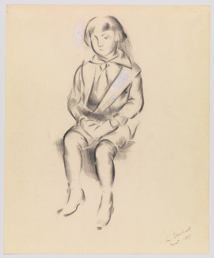 Pencil sketch of a seated young person with a relaxed posture, wearing a coat with a sash, and hands gently resting on their lap. The drawing is on aged paper and includes a signature and date in the lower right corner.