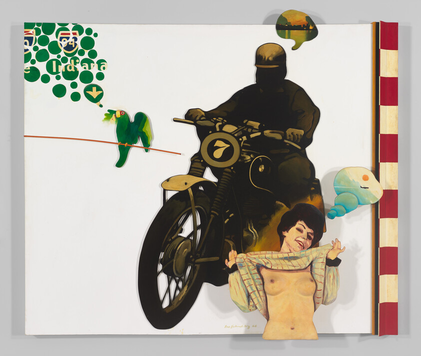 A motorcyclist rides forward while a woman lifts her shirt and a parrot perches nearby.