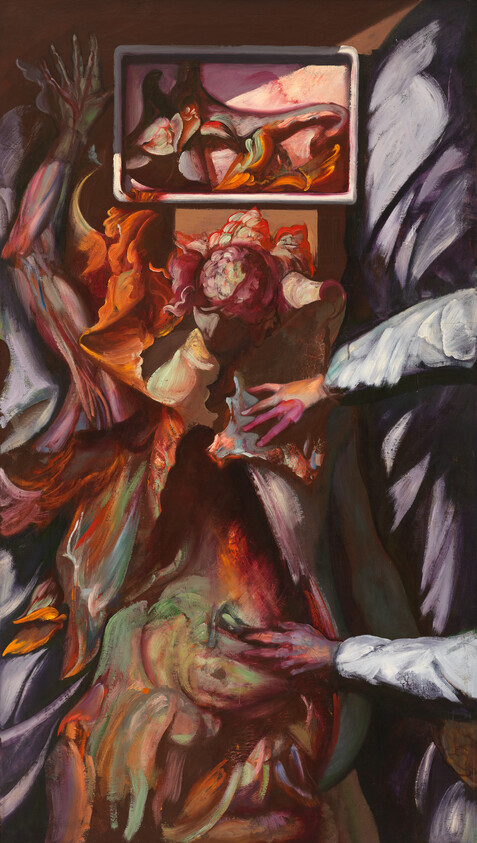 A pair of hands arranging vibrant, swirling floral and organic shapes against a dark background.