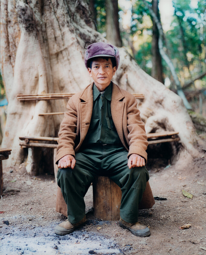 Elderly man in a brown coat and purple hat sitting on a wooden stump in a forest.