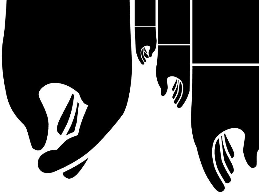 Three large black hand silhouettes overlapping and hanging against a white background.