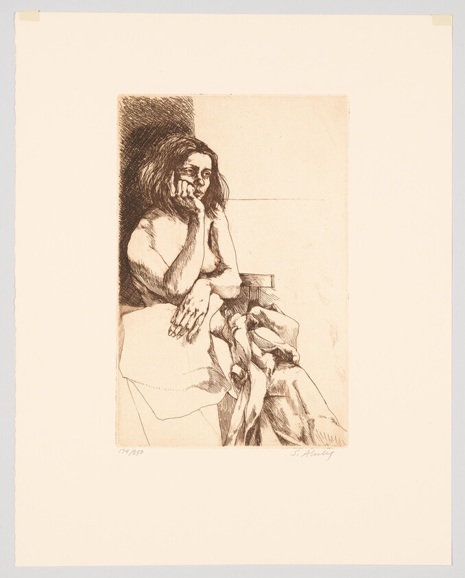 Seated woman rests her chin on her hand, gazing thoughtfully with draped cloth beside her.