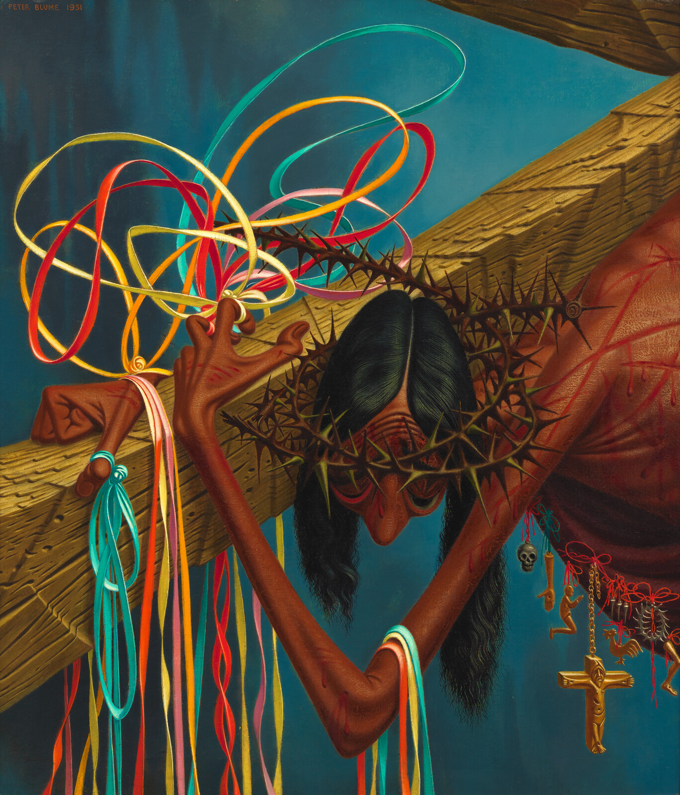 A wounded figure hangs on a wooden cross wearing a crown of thorns while colorful ribbons drape around their arms.