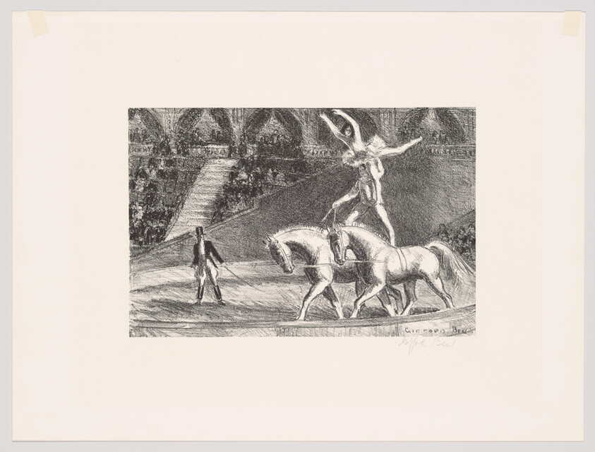 Two acrobats balancing on two horses in a circus ring while a trainer watches from nearby.