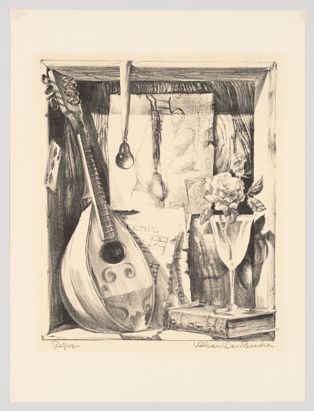 A lute leans inside a shelf beside a wine glass with roses and a closed book.