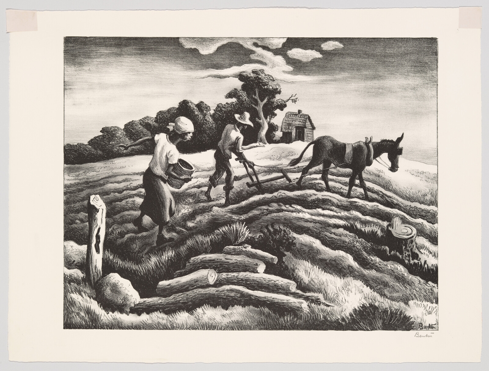 A man plows a furrow pulled by a mule while a woman scatters seed behind him.