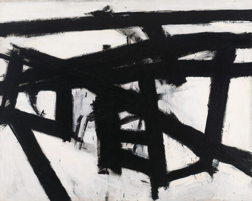 Abstract painting with bold black brushstrokes on a white background, creating a dynamic, chaotic pattern.