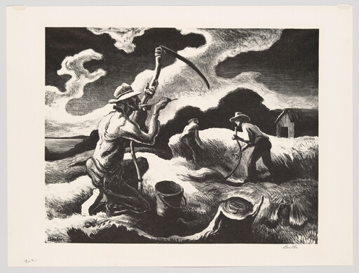 Two men use scythes to cut tall wheat under a dramatic cloudy sky.