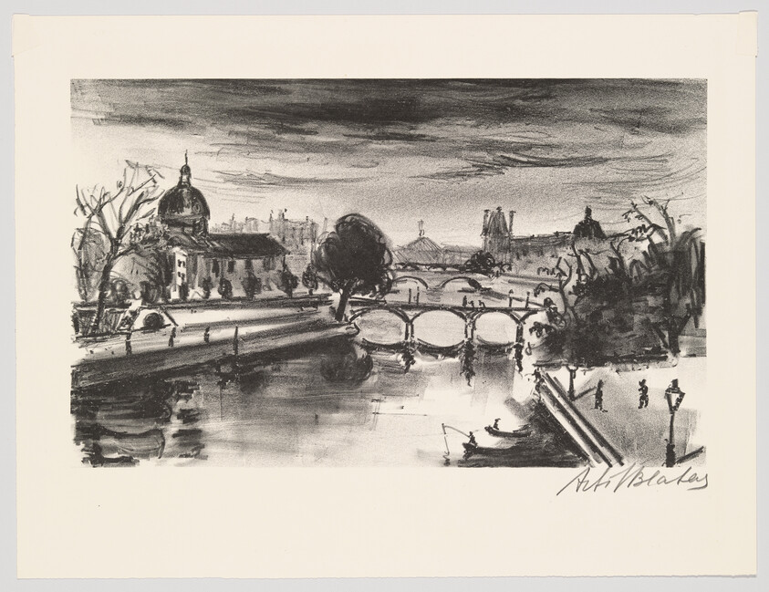 A riverside cityscape sketch showing arched bridges, waterfront buildings, and people walking along the bank.