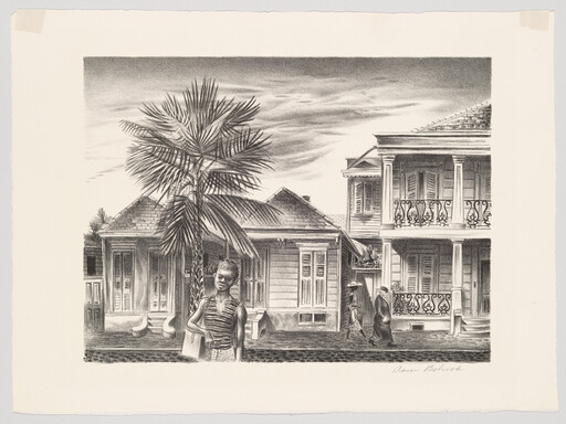 A young girl stands in front of wooden houses and a palm tree, holding a small bag.
