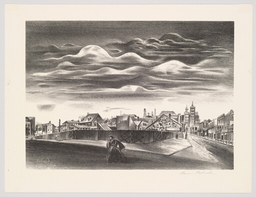 A lone figure walks toward a fenced construction area under dramatic low-hanging clouds above a town.