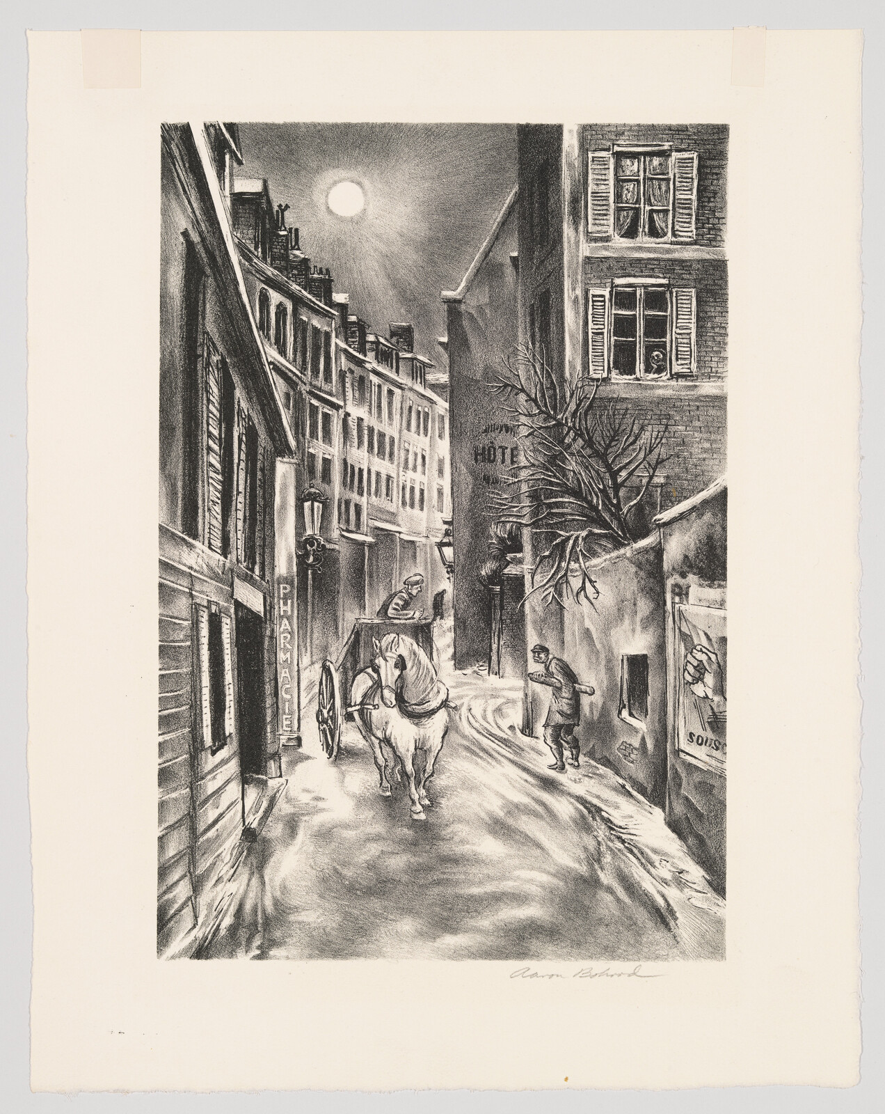 A horse-drawn cart moves down a snowy moonlit street past a pharmacy.
