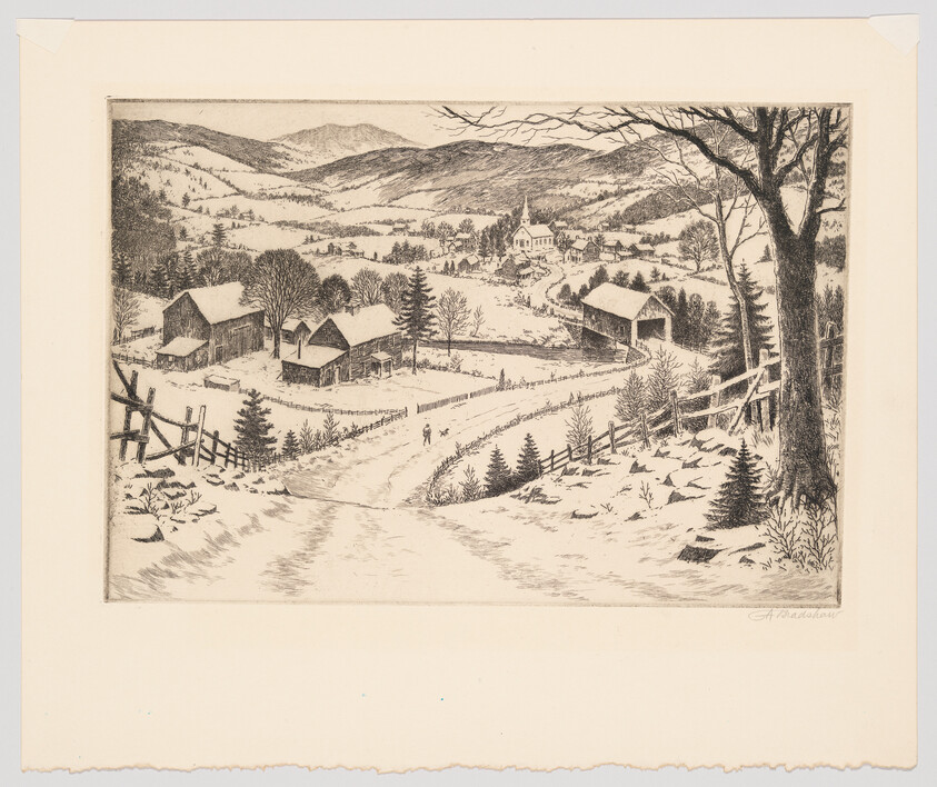 Snow-covered country road leads past barns toward a distant village and church under rolling hills.