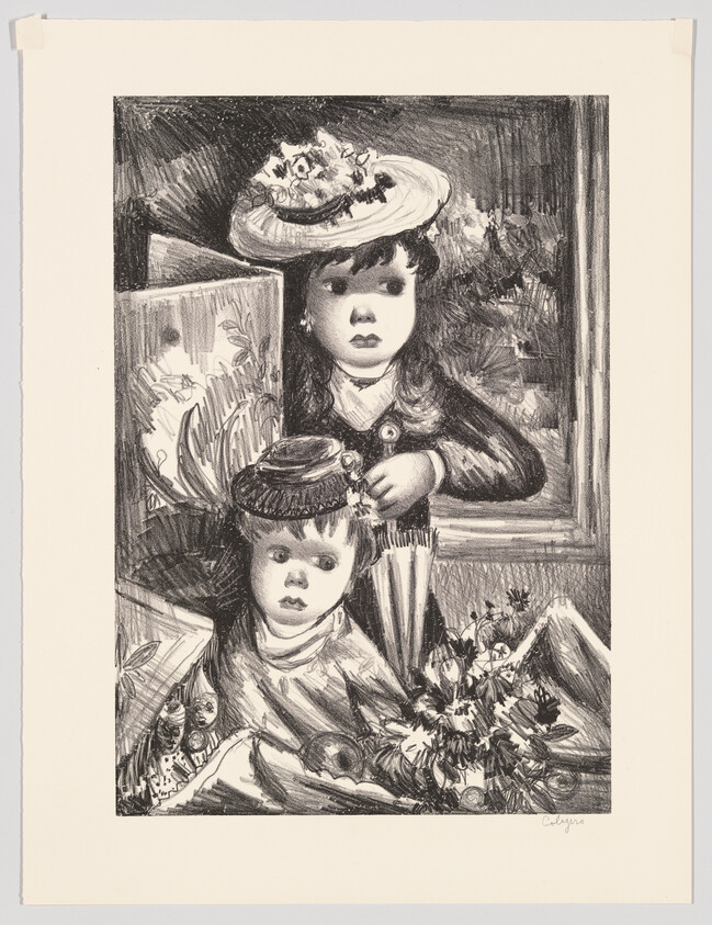 Two children wearing hats stand by a window with flowers and a closed umbrella.