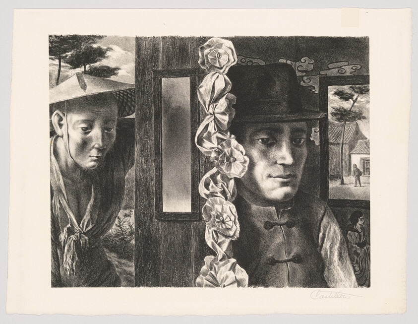 A man in a hat stares forward while another person peeks from behind a wooden partition.