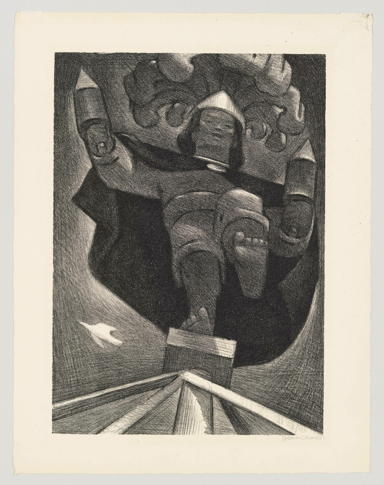 A black and white lithograph depicting a stylized, armored figure with a rocket pack on its back, soaring upwards through a tunnel-like structure with dynamic lines suggesting motion. The figure's pose is heroic, with one arm extended forward. Two small birds are also illustrated, flying alongside the figure. The artwork has a signature at the bottom right corner.