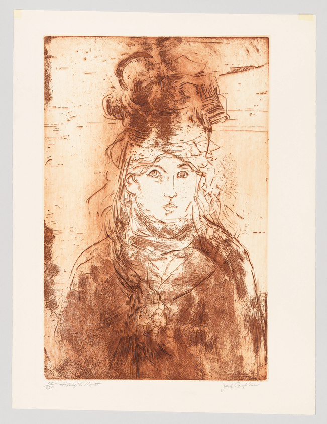 An etching of a woman's portrait with detailed line work, featuring a prominent hat and a decorative necklace. The artwork has a warm sepia tone and is signed by the artist in the lower right corner, with an edition number on the left.