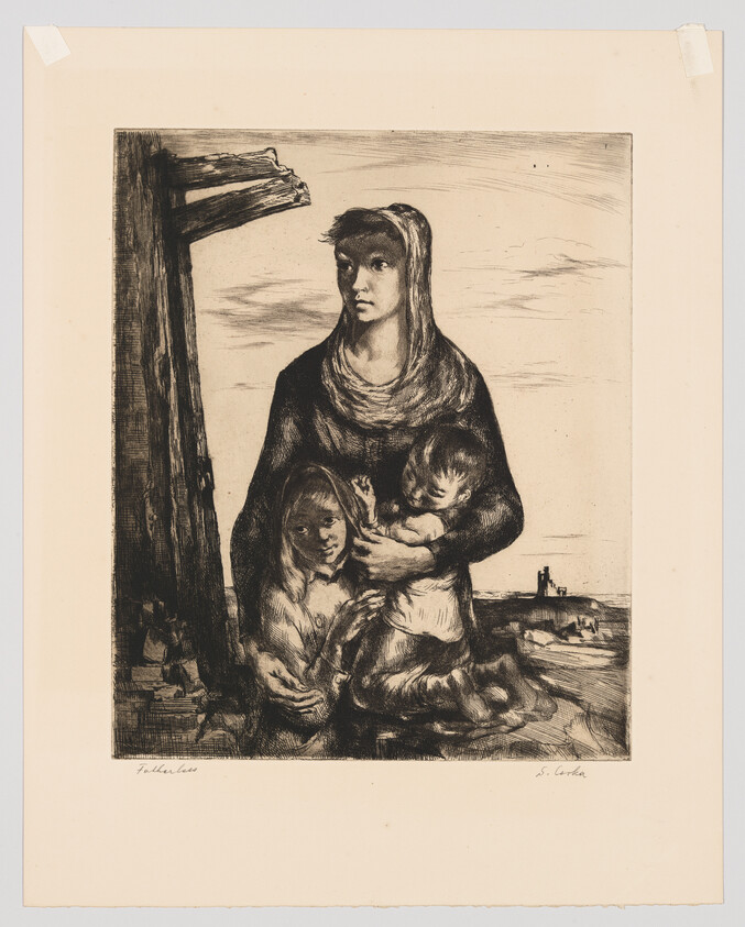 A solemn woman in a headscarf holds two children beside a weathered wooden post.