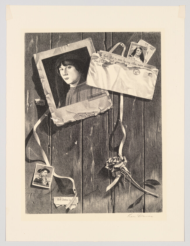Portrait of a young woman pinned to a wooden board with an opened envelope and dried rose.