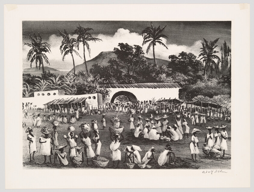 Crowded outdoor market with women carrying baskets and selling goods under tall palm trees.
