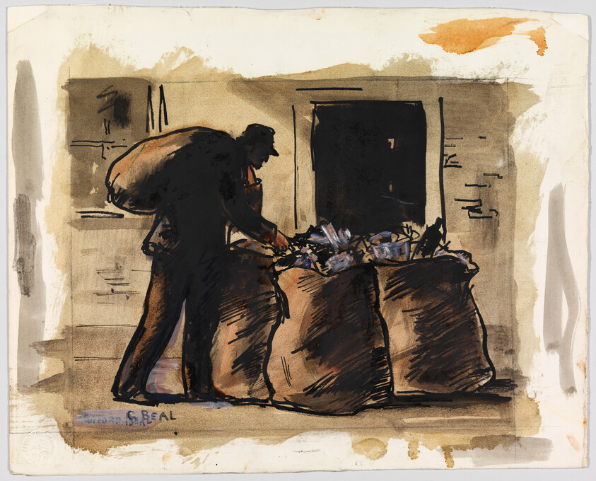 A man bends over rummaging through large sacks of trash outside a building.