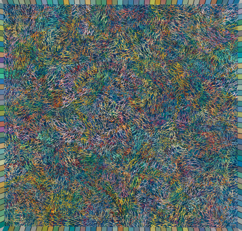 Dense, multicolored tangled threads form an abstract square panel surrounded by a muted color tile border.