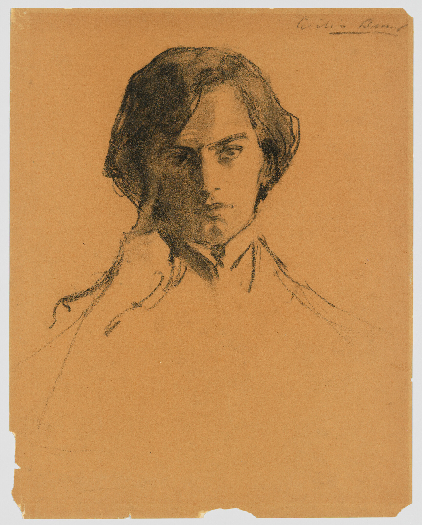Young person with hand resting against their face in a pensive charcoal sketch.