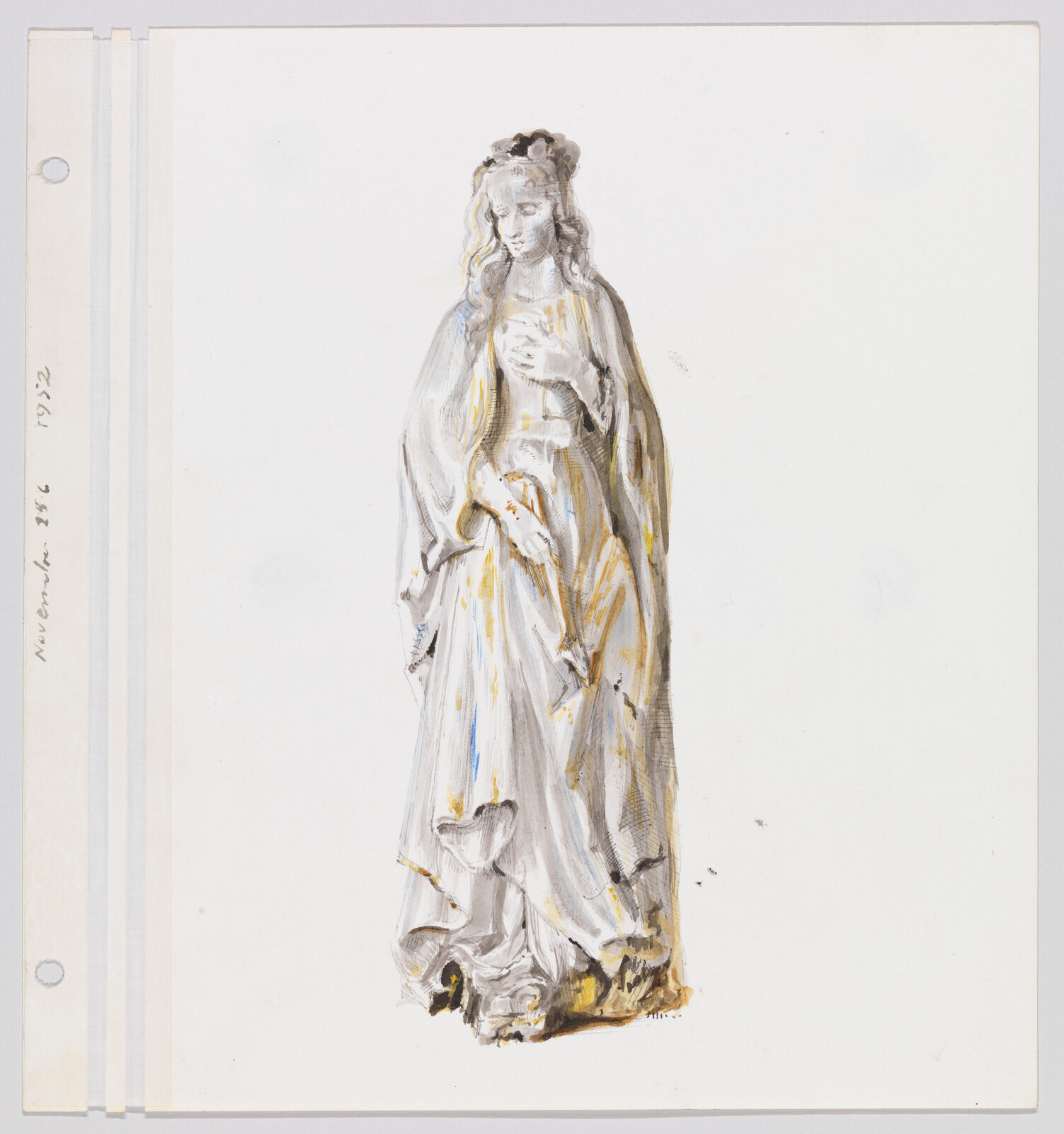 Painted sketch shows a robed woman statue with her hand on her chest and a flowing gown.