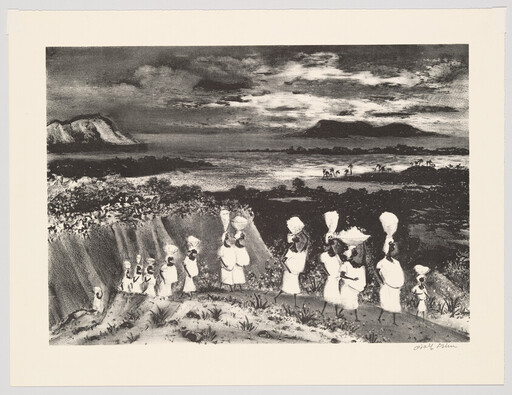 A line of women in headwraps carry baskets and children while walking along a coastal landscape.